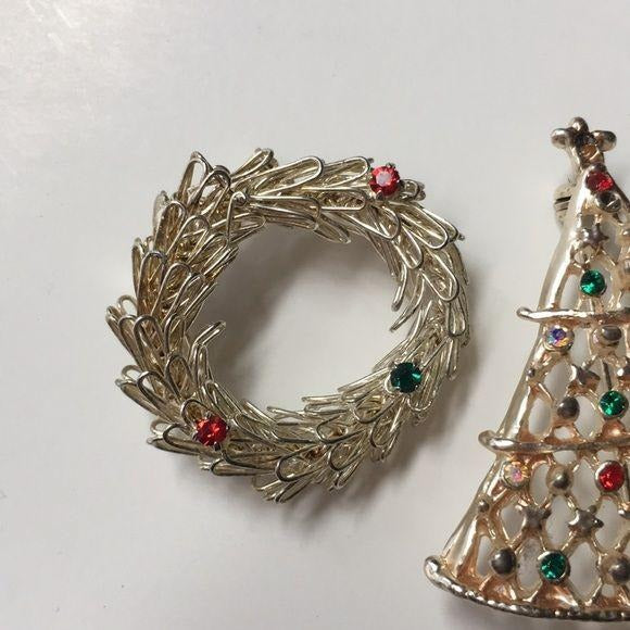 Vintage Christmas Wreath and Tree Brooch Pin