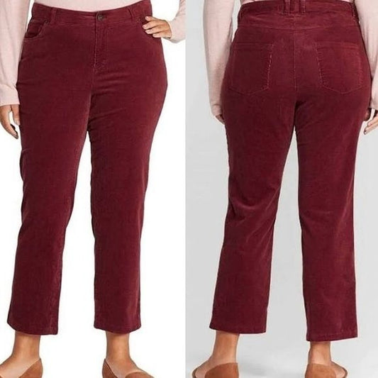 Ava & Viv Plus Skinny Straight Fit Cropped Corduroy Pants Dark Burgundy