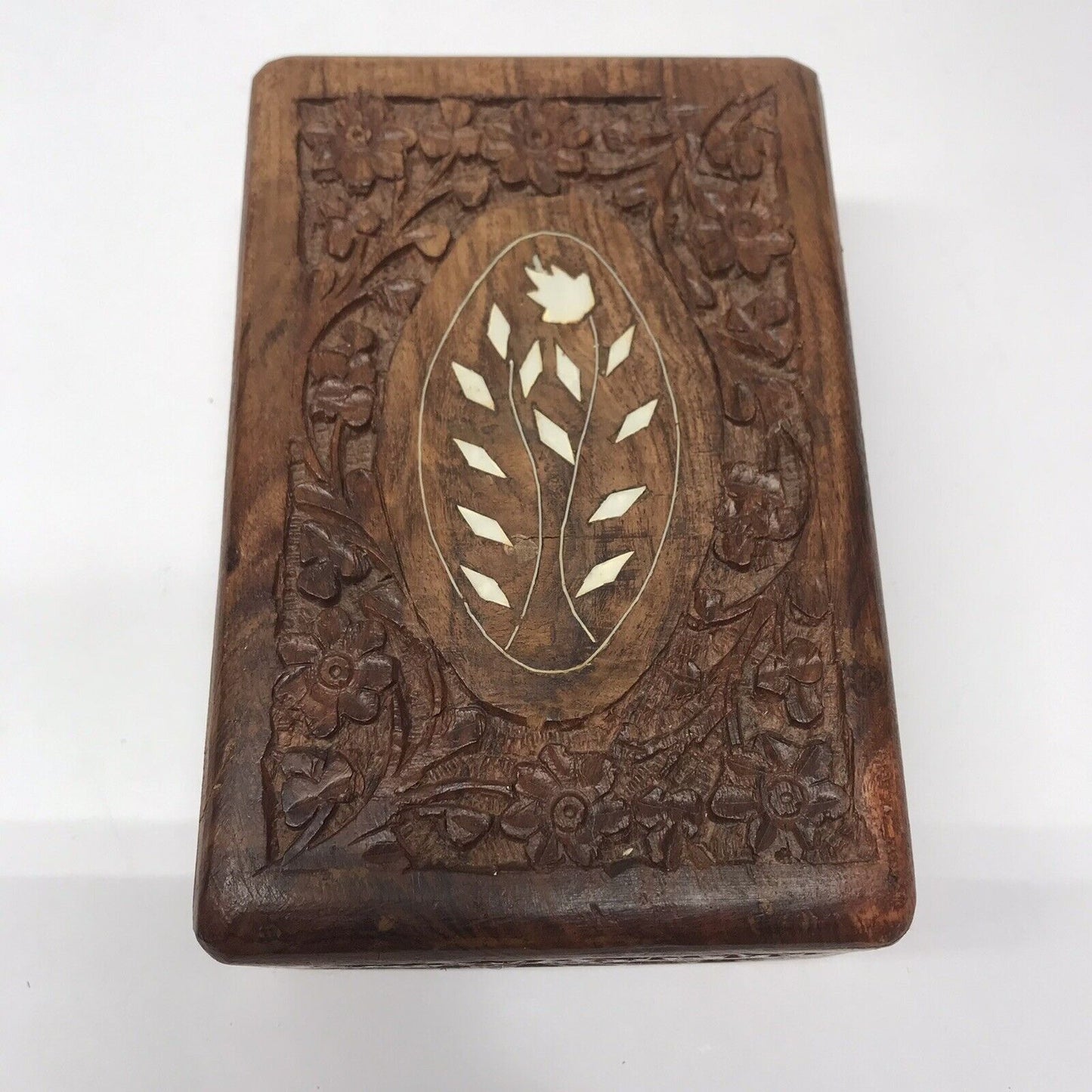 Vintage Hand Carved Wooden Jewelry Trinket Box India Sheesham Wood Flowers 6”