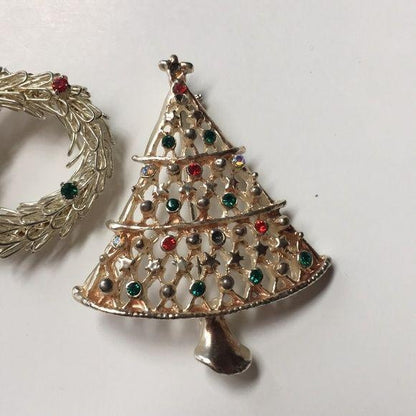Vintage Christmas Wreath and Tree Brooch Pin